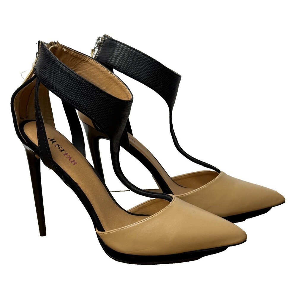 JustFab Lila Pointed Toe Stiletto Heels 8 New Ankle Strap Beige Black Going Out